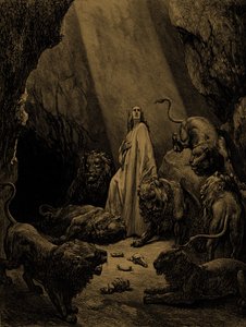 Daniel en el foso de los leones, por Doré. - Biblia de Gustave Dore