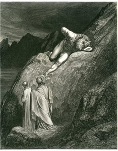 Dante y Virgilio se encuentran con el Minotauro. Grabado de El Infierno de Dante Alighieri (la Divina Comedia) ilustrado por Gustave Dore. Edición francesa de 1861. "E in su la punta della rotta lacca/L