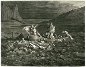 Dante y Virgilio navegan, guiados por el Nocher Phlegyas, por la Estigia en la que vadean las presas, que intentan subir a la barca. Grabado de El Infierno de Dante Alighieri (la Divina Comedia) ilustrado por Gustave Dore. Edición francesa de 1861. "Segand