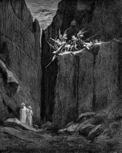 Dante protegido por Virgilio del daño de los demonios. de Gustave Dore