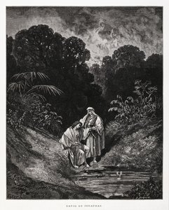 David y Jonatán, figuras heroicas del Reino de Israel, que formaron un pacto de amistad registrado en los libros de Samuel, Ilustración de la Biblia de Dore. de Gustave Dore