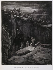 David ofrece su espada en señal de lealtad a Saúl, rey de Israel, Ilustración de la Biblia de Dore de Gustave Dore