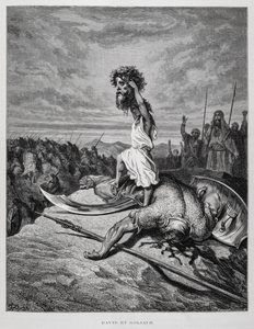 David mata a Goliat, Ilustración de la Biblia de Dore de Gustave Dore