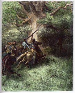 Muerte de Absalón (Avshalom) - La muerte de Absalón (o Avshalom, Absalon). Después de la derrota contra las tropas de su padre, Absalón quedó suspendido por las ramas de un árbol huyendo del campo de batalla - grabado en “La Biblia ilustrada” por Gustave D