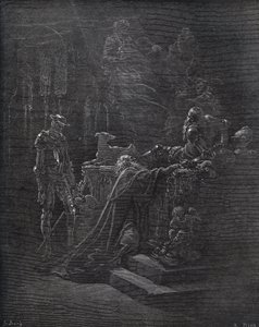 Don Quijote, Montesinos y Durandarte, en la cueva de Montesinos - de “Don Quijote de la Mancha” por Miguel Cervantes (1547-1616) (Don Quijote) - xilografía después de un dibujo de Gustave Doré de Gustave Dore