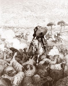 Don Quijote ataca al rebaño de ovejas Grabado de Gustave Dore (1832-1883) para "El Ingenioso Hidalgo Don Quijote de la Mancha" de Miguel de Cervantes (1547-1616) 1863 Colección particular de Gustave Dore
