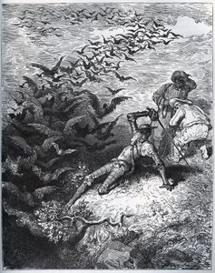 Don Quijote en la cueva de Montesinos - Un número infinito de cuervos y grajos salen de la cueva de Montesinos, derribando a Don Quijote (II, 22) - de “Don Quijote de la Mancha” de Miguel Cervantes (Don Quijote) - xilografía después de un dibujo de Gustave Dore