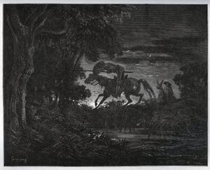 Don Quijote y Sancho Panza al comienzo de la aventura en un bosque espeso y desconocido - de “Don Quijote de la Mancha” por Miguel de Cervantes (1547-1616) - Grabado en madera después de un dibujo de Gustave Doré