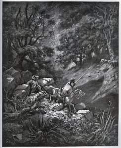 Don Quijote y Sancho Panza continúan su viaje en Sierra Morena en busca de la Deguenille-de-la-Malaise-Mine - de “Don Quijote de la Mancha” de Miguel Cervantes (1547-1616) - xilografía después del dibujo de Gustave Doré de Gustave Dore