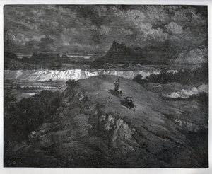 Don Quijote y Sancho Panza continúan sus aventuras en una región montañosa, Sierra Morena - de “Don Quijote de la Mancha” de Miguel Cervantes (1547-1616) - xilografía después del dibujo de Gustave Doré