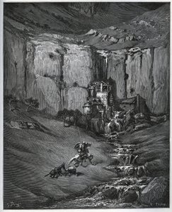 Don Quijote y Sancho Panza descubren lo que causó su preocupación, una cascada y un molino de batán - de 