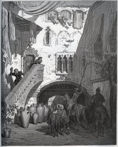 Don Quijote y Sancho Panza, invitados por Don Diego de Miranda en su casa, son recibidos por la esposa y el hijo del caballero - de “Don Quijote de la Mancha” de Miguel Cervantes (1547-1616) - xilografía después del dibujo de Gustave Doré de Gustave Dore