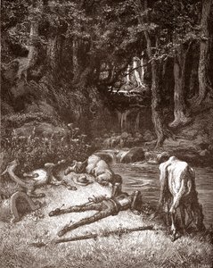 Don Quijote y Sancho Panza se refrescan en un arroyo Grabado de Gustave Dore (1832-1883) para "L