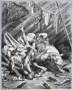 Don Quijote y un fabricante de mulas peleando por Maritornes, la ama de llaves, a quien Don Quijote toma por su Dulcinea - de 