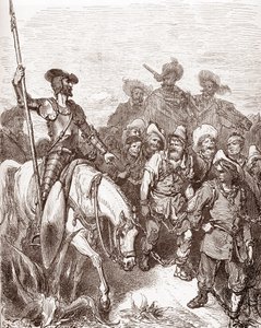 Don Quijote y Sancho Panza interrogan a los criminales que son conducidos a las galeras Grabado de Gustave Dore (1832-1883) para "L