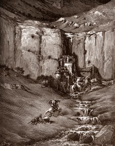 Don Quijote y sancho Panza ven una cascada y casuchas ruidosas (Don Quijote and sancho Panza see a waterfall and noisy hovels) Grabado de Gustave Dore (1832-1883) para "El Ingenioso Hidalgo Don Quijote de la Mancha (Quixotte - Quijote)" de Miguel de Cerva de Gustave Dore