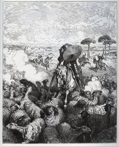 Don Quijote ataca un rebaño de ovejas, creyendo que se enfrentaba al ejército de Alifanfarón de Taprobana - de 