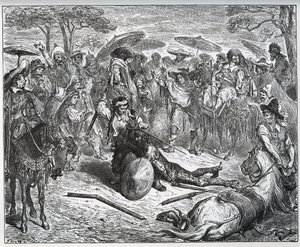 Don Quijote golpeado en medio de un grupo de comerciantes - El mulero había tomado gusto al juego - de "Don Quijote de la Mancha" de Miguel Cervantes de Gustave Dore
