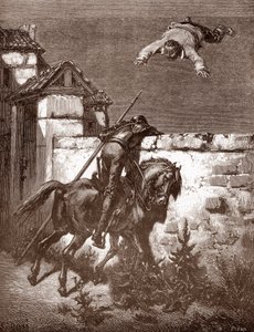 Don Quijote no logra detener a los lanzadores de Sancho Panca que le hacen rebotar en una manta (las protestas de Don Quijote no logran influir en los lanzadores) Grabado de Gustave Dore (1832-1883) para "L