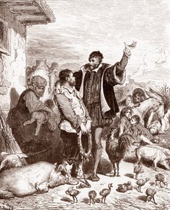 Don Quijote convence a su vecino Sancho Panza para que se convierta en su escudero prometiéndole hacerle gobernador de alguna ínsula conquistada Grabado de Gustave Dore (1832-1883) para "L