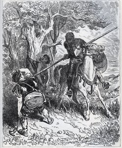 Don Quijote toma partido por el joven criado - "Por el sol que nos ilumina, no sé quién me impide pasar mi espada por el cuerpo" - de "Don Quijote de la Mancha" de Miguel de Cervantes (1547-1616) - xilografía después de un dibujo de Gustave Doré. de Gustave Dore