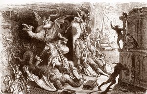 Don Quijote no piensa más que en hazañas caballerescas Grabado de Gustave Dore (1832-1883) para "L