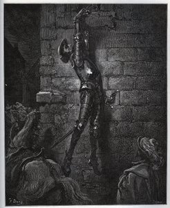 Don Quijote atrapado por la hija del posadero y Maritornes, queda suspendido de una ventana - de “Don Quijote de la Mancha” por Miguel de Cervantes (1547-1616) - Grabado en madera después de un dibujo de Gustave Doré de Gustave Dore