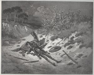 Don Quijote implora misericordia y ayuda de los personajes de su imaginación - de “Don Quijote de la Mancha” de Miguel Cervantes (1547-1616) - xilografía según dibujo de Gustave Doré de Gustave Dore