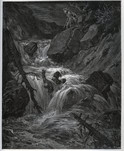 Dorotea, disfrazada de joven campesina, desata a su lascivo criado - de "Don Quijote de la Mancha" de Miguel Cervantes de Gustave Dore