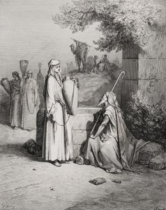 Eliezer y Rebeca, Génesis 24:15-21, ilustración de 