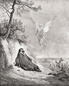 Elías alimentado por un ángel. Según una obra de La Biblia de Gustave Dore. De Vida y recuerdos de Gustave Dore, publicado en 1885. de Gustave Dore