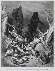 Eliseo observa cómo los osos destruyen a los niños, Ilustración de la Biblia de Dore