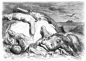 Grabado de Gustave Dore hacia 1850: evocación de un diluvio apocalíptico que combina la tradición bíblica (se ve a lo lejos el arca de Noé en el mar) y los inicios del conocimiento científico (varios animales monstruosos fracasaron en la montaña, pref de Gustave Dore