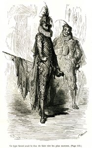 Grabado de Gustave Dore que ilustra la novela de Theophile Gautier "El capitán Fracasse". Edición Charpentier 1863. Dos comediantes (actores de la commedia dell