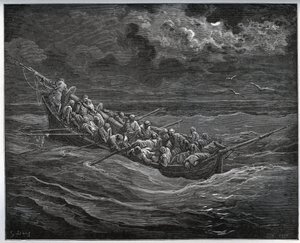 Escape de Zoraide con el cautivo en el bote lleno de fugitivos de Argel a España - de “Don Quijote de la Mancha” por Miguel de Cervantes (1547-1616) - Grabado en madera después de un dibujo de Gustave Doré de Gustave Dore