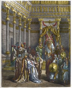 Ester se desmaya ante el rey de Persia Asuero I (Jerjes I) - La reina Ester se desmaya ante el rey Asuero - grabado en "La Biblia ilustrada" por Gustave Doré (1832-1883) - Grabado de "La Biblia de Doré" de Gustave Dore