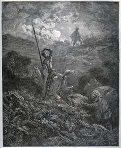 Primera aparición del Deguenille-de-la-Malaise-Mine - de "Don Quijote de la Mancha" de Miguel de Cervantes (1547-1616) - xilografía después de un dibujo de Gustave Doré. de Gustave Dore