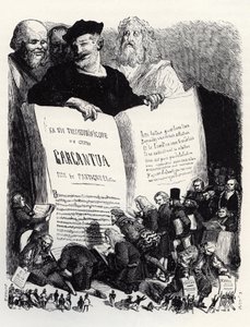 Frontispicio de la edición de 1854 - En compañía de escritores antiguos y modernos, Rabelais presenta su segunda novela - ilustración de 