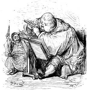 La educación de Gargantúa: el joven caballero aprende a tocar la flauta con su profesor de música. Grabado de Gustave Dore que ilustra la obra de Rabelais.