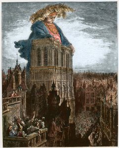 Gargantúa en las torres de Notre-Dame en París - Gargantúa descansando en las torres de la Iglesia de Notre-Dame en París - ilustración de 