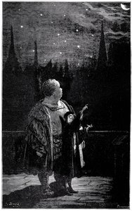 La educación de Gargantúa: de noche, con un astrónomo, el joven gigante observa estrellas, astros y cometas en el cielo nocturno. Grabado de Gustave Dore que ilustra la obra de Rabelais. de Gustave Dore
