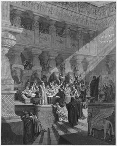 Biblia de Gustave Doré: Daniel interpretando la escritura en la pared de Gustave Dore