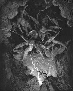 Ilustración de Gustave Dore para el poema épico de John Milton que dramatiza la caída del Hombre, El Paraíso Perdido (1667) Libro VI. Cayendo por la brecha del muro del cielo, los ángeles rebeldes se precipitan en el infierno. Grabado en madera 1866