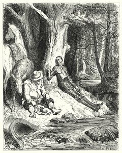 Don Quijote de Gustave Doré: "Una fuente clara, que Don Quijote y Sancho encontraron entre algunos árboles verdes, les sirvió para refrescarse" (grabado) de Gustave Dore