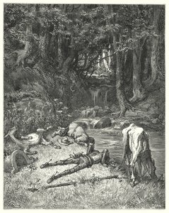 Don Quijote de Gustave Doré: "Un prado, regado por un arroyo, los invitó a descansar" (grabado) de Gustave Dore