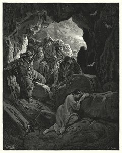 Don Quijote de Gustave Doré: "Un grupo con oficiales es enviado... quienes encuentran a la pobre Leandra en una cueva de una de las montañas" de Gustave Dore