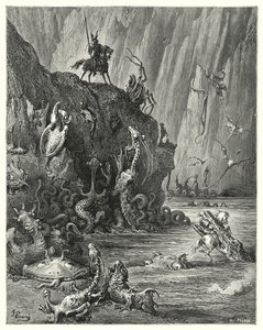 Don Quijote de Gustave Doré: "Un vasto lago de brea hirviendo, en el que una multitud infinita de criaturas feroces y terribles atraviesan de un lado a otro" (grabado) de Gustave Dore