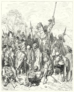 Don Quijote de Gustave Doré: "Según las leyes de las armas, realmente se perjudican a sí mismos al pensar que se sienten ofendidos" (grabado)