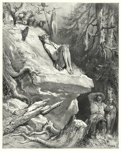 Don Quijote de Gustave Doré: "¡Ay!" respondió Sancho, "Lo encontré en su camisa, delgado, pálido y casi muerto de hambre, suspirando por su Dama Dulcinea" de Gustave Dore