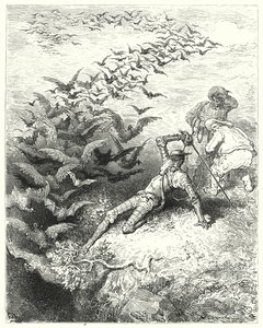 Don Quijote de Gustave Doré: "Un número infinito de cuervos y grajos enormes salieron corriendo y revoloteando de la cueva" de Gustave Dore